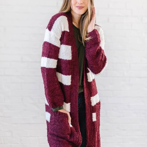 SWEATER BURGUNDY AND CREAM STRIPED CARDIGAN - Picture 2 of 6